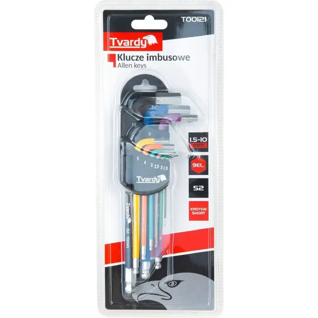 Tvardy 9-delige inbussleutelset van S2 gereedschapsstaal met kogelkop, kleurcodering en organizer 1,5 tot 10 mm