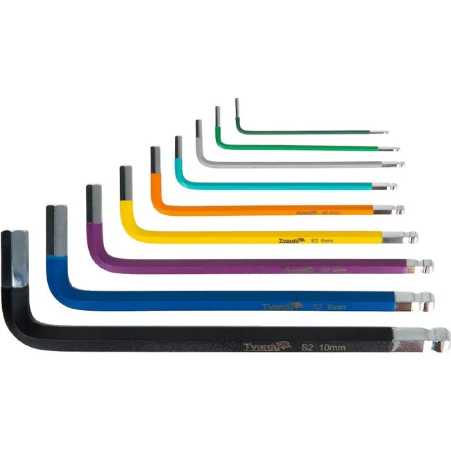 Tvardy 9-delige inbussleutelset van S2 gereedschapsstaal met kogelkop, kleurcodering en organizer 1,5 tot 10 mm