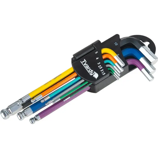 Tvardy 9-delige inbussleutelset van S2 gereedschapsstaal met kogelkop, kleurcodering en organizer 1,5 tot 10 mm