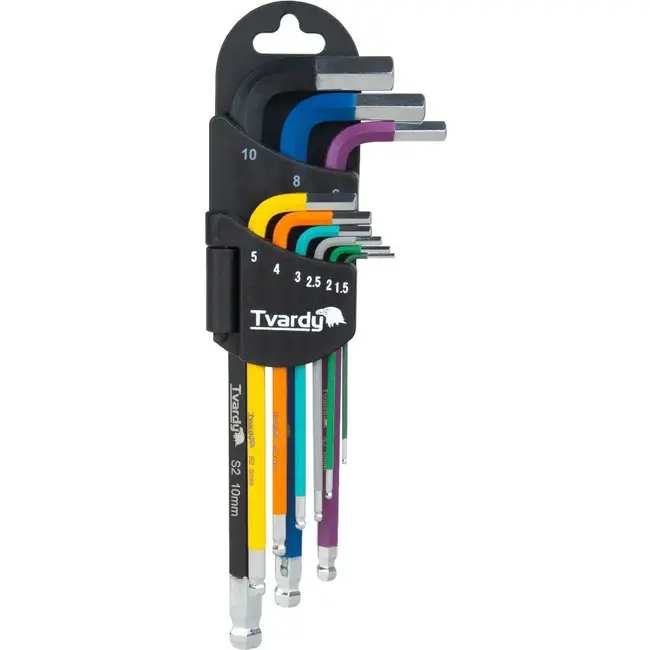 Tvardy 9-delige inbussleutelset van S2 gereedschapsstaal met kogelkop, kleurcodering en organizer 1,5 tot 10 mm