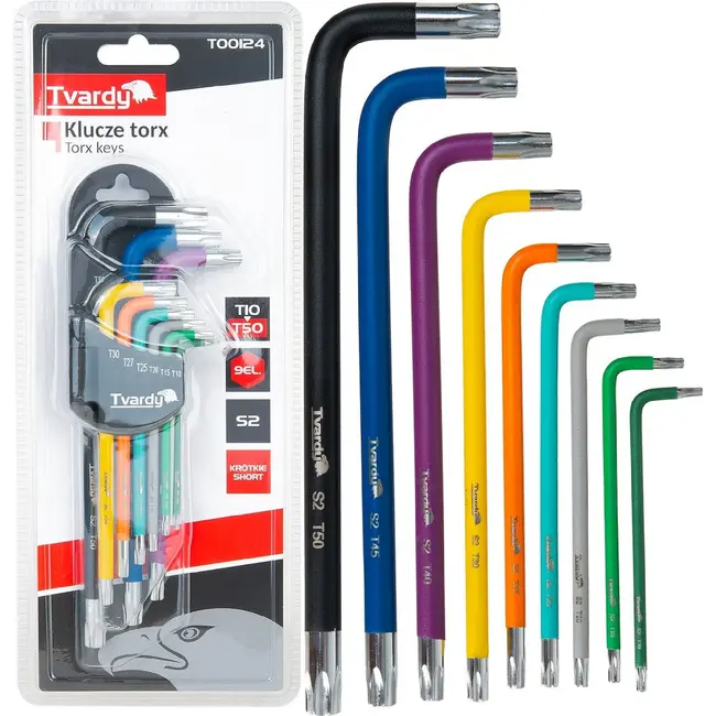 Tvardy 9-delige Torx sleutelset van S2 gereedschapsstaal met kleurcodering en organizer T10 tot T50