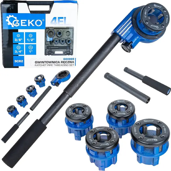 GEKO Handmatige pijpdraadsnijset met ratel, 4 draadsnijkoppen van 3/8 tot 1 inch en transportkoffer