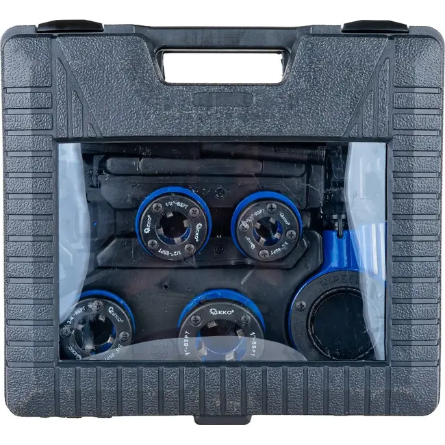 GEKO Handmatige pijpdraadsnijset met ratel, 4 draadsnijkoppen van 3/8 tot 1 inch en transportkoffer