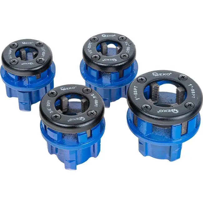 GEKO Handmatige pijpdraadsnijset met ratel, 4 draadsnijkoppen van 3/8 tot 1 inch en transportkoffer
