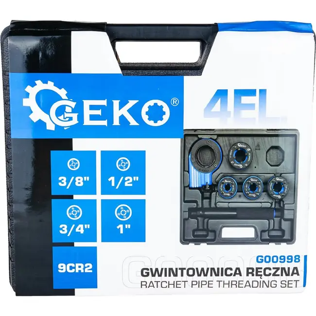 GEKO Handmatige pijpdraadsnijset met ratel, 4 draadsnijkoppen van 3/8 tot 1 inch en transportkoffer