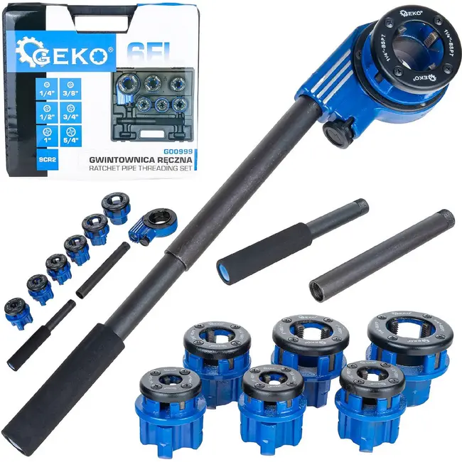 GEKO Handmatige pijpdraadsnijset met ratel, 6 draadsnijkoppen van 1/4 tot 5/4 inch en transportkoffer