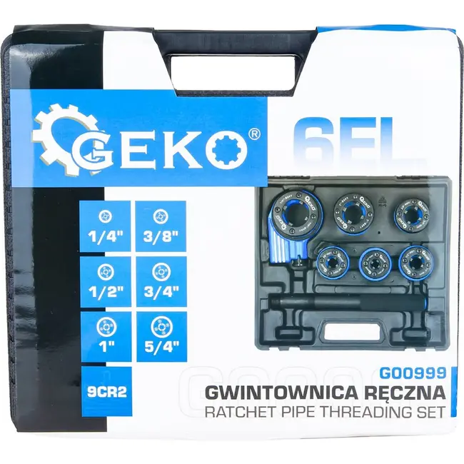 GEKO Handmatige pijpdraadsnijset met ratel, 6 draadsnijkoppen van 1/4 tot 5/4 inch en transportkoffer