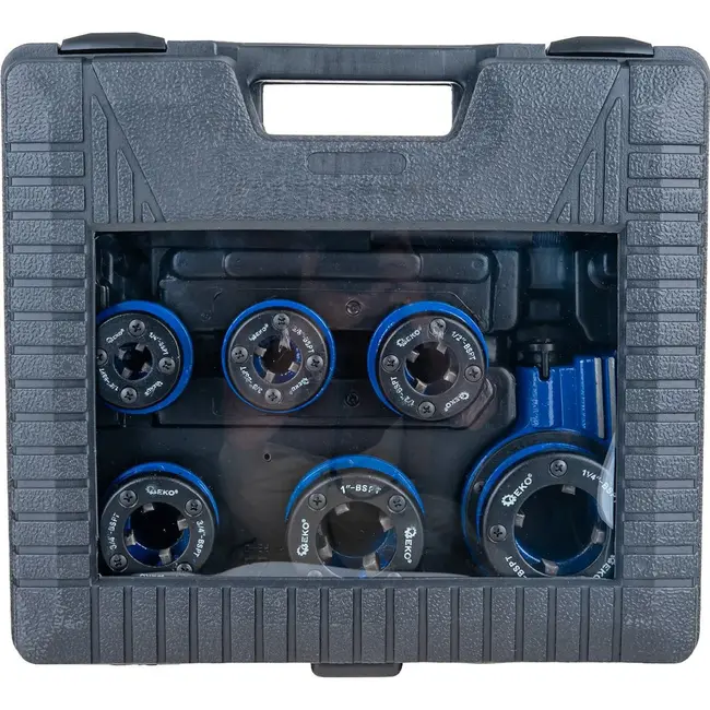 GEKO Handmatige pijpdraadsnijset met ratel, 6 draadsnijkoppen van 1/4 tot 5/4 inch en transportkoffer