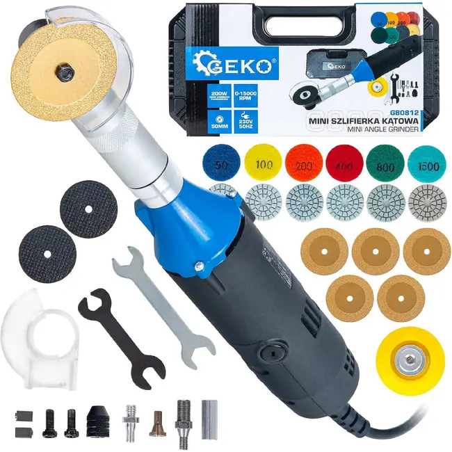 GEKO Mini haakse slijper 200 W met variabel toerental, 50 mm schijf en uitgebreide accessoireset
