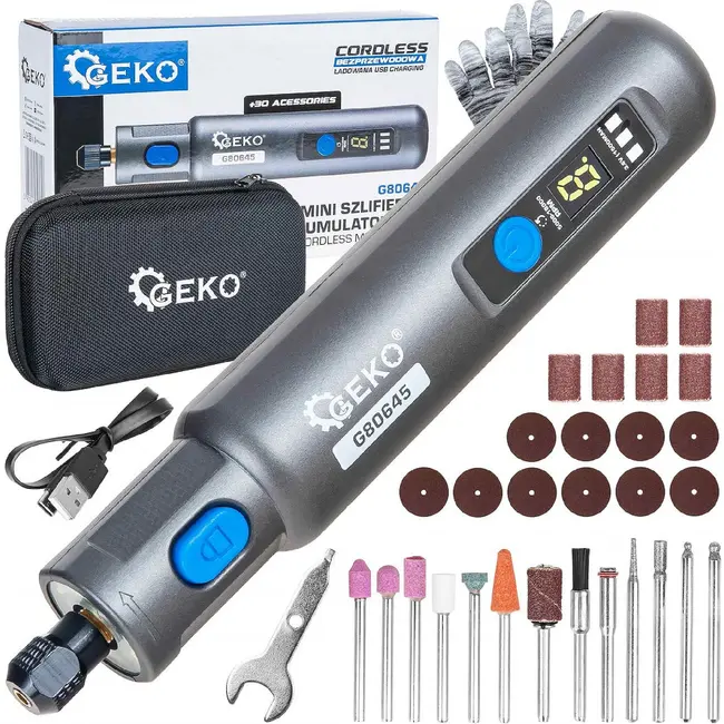 GEKO Draadloze mini slijpmachine 3,6 V met 6 snelheden, LED display en opbergkoffer inclusief accessoires