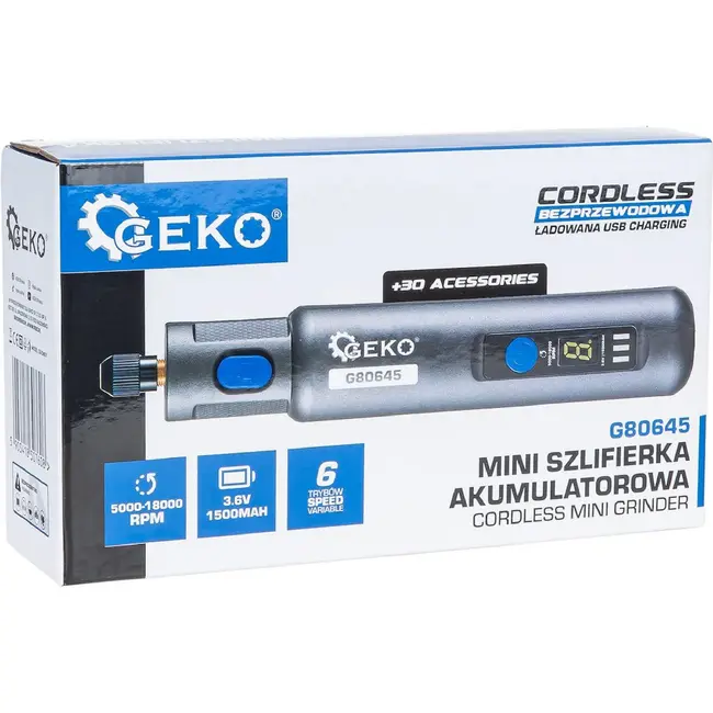 GEKO Draadloze mini slijpmachine 3,6 V met 6 snelheden, LED display en opbergkoffer inclusief accessoires