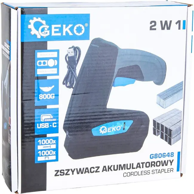 GEKO Draadloze accu tacker 3,6 V met USB-C, LED verlichting en 2000 mAh accu inclusief nieten en spijkers