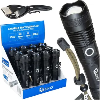 GEKO Tactische LED zaklamp XHP50 15 W met USB-C, zoomfunctie en displayverpakking van 12 stuks