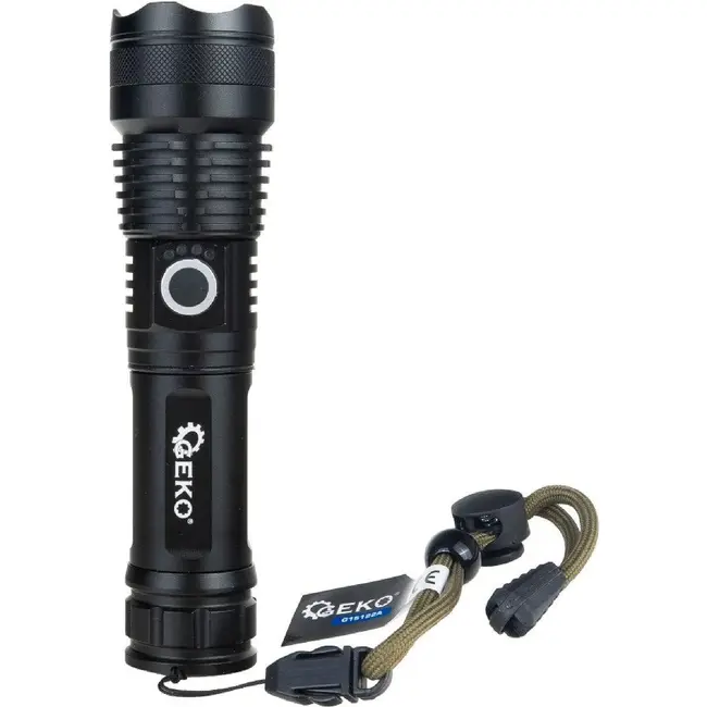 GEKO Tactische LED zaklamp XHP50 15 W met USB-C, zoomfunctie en displayverpakking van 12 stuks