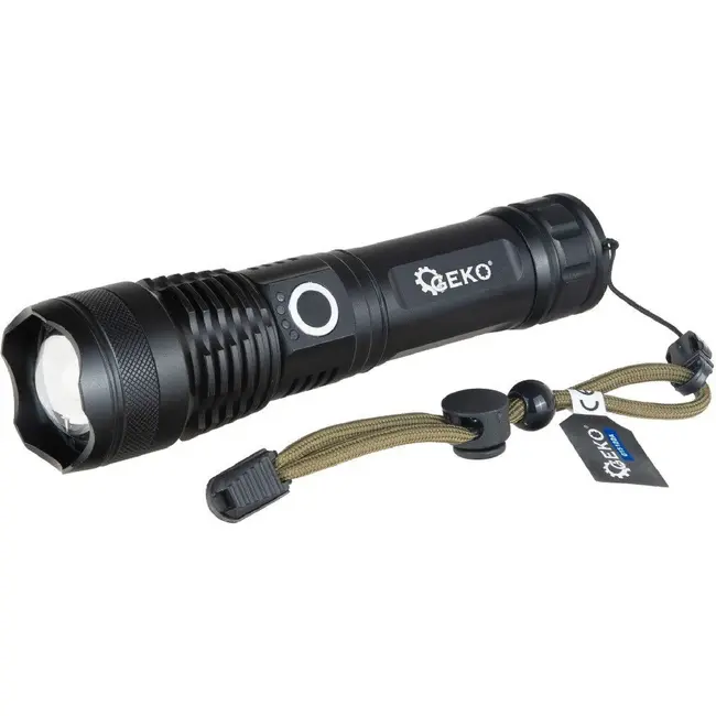 GEKO Tactische LED zaklamp XHP50 15 W met USB-C, zoomfunctie en displayverpakking van 12 stuks