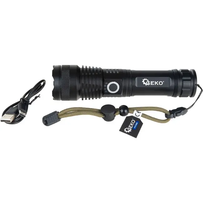 GEKO Tactische LED zaklamp XHP50 15 W met USB-C, zoomfunctie en displayverpakking van 12 stuks