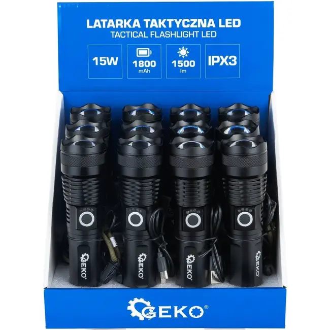 GEKO Tactische LED zaklamp XHP50 15 W met USB-C, zoomfunctie en displayverpakking van 12 stuks