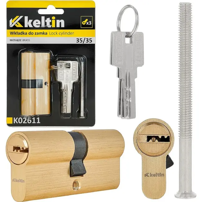 Keltin Cilinderslot 35/35 mm geborsteld messing met 3 sleutels en schroef voor eenvoudige montage