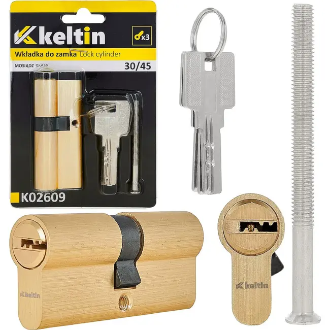 Keltin Cilinderslot 30/45 mm geborsteld messing met 3 sleutels en schroef voor eenvoudige montage