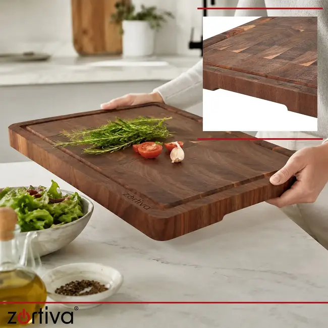 Zortiva Grote houten snijplank van acaciahout 43 x 33 cm met sapgroef, handgrepen en dubbelzijdig ontwerp
