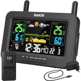 Izoxis Draadloos weerstation met buitensensor, kleurendisplay, thermometer, hygrometer en USB-C voeding tot 100 m bereik
