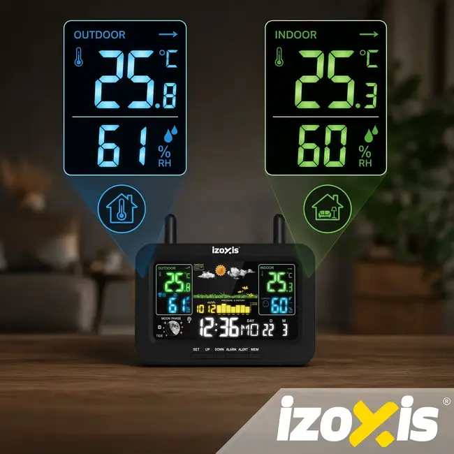 Izoxis Draadloos weerstation met buitensensor, kleurendisplay, thermometer, hygrometer en USB-C voeding tot 100 m bereik