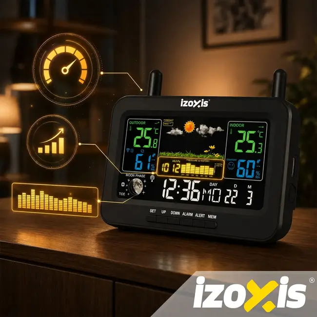 Izoxis Draadloos weerstation met buitensensor, kleurendisplay, thermometer, hygrometer en USB-C voeding tot 100 m bereik