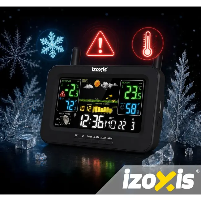 Izoxis Draadloos weerstation met buitensensor, kleurendisplay, thermometer, hygrometer en USB-C voeding tot 100 m bereik