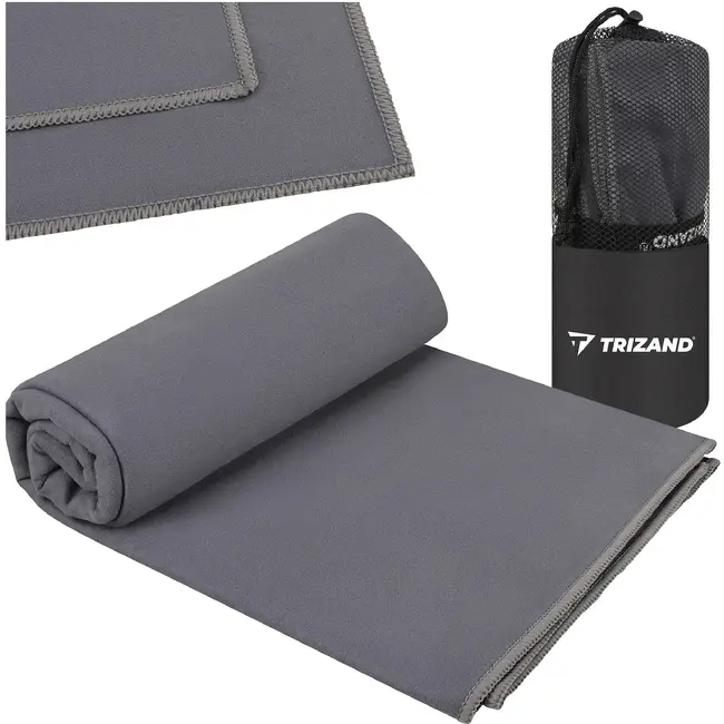 Trizand Sneldrogende microvezel handdoek 180 x 100 cm donkergrijs met opberghoes voor sport, strand en reizen