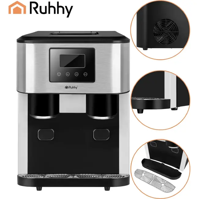 Ruhhy 3-in-1 ijsblokjesmachine tot 15 kg per dag met ijscrusher, waterdispenser en LCD aanraakscherm