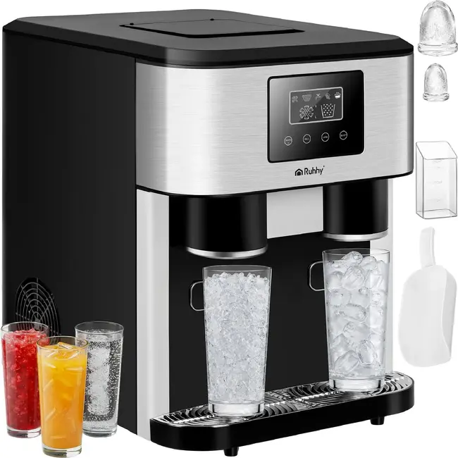 Ruhhy 3-in-1 ijsblokjesmachine tot 15 kg per dag met ijscrusher, waterdispenser en LCD aanraakscherm