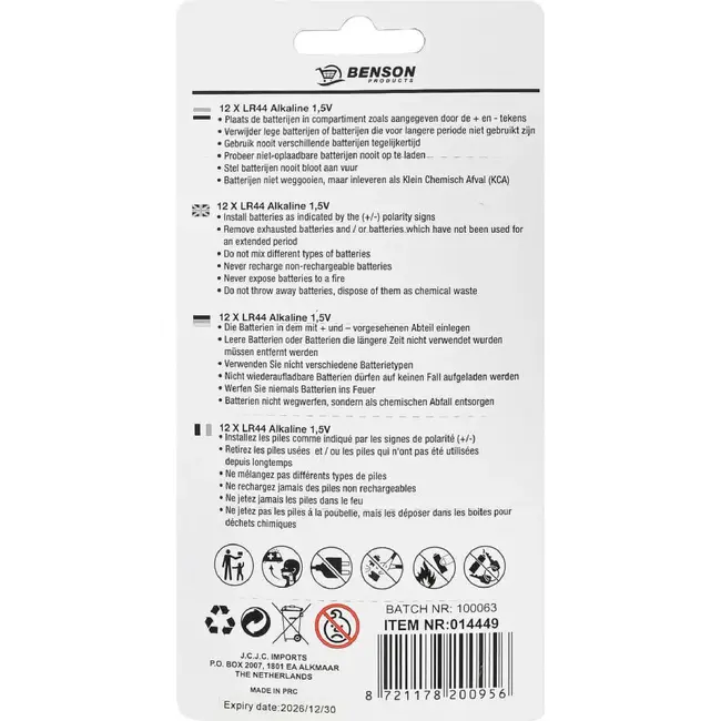 Benson Knoopcelbatterijen 1,5V LR44 - Alkaline - 12 stuks - Betrouwbare prestaties