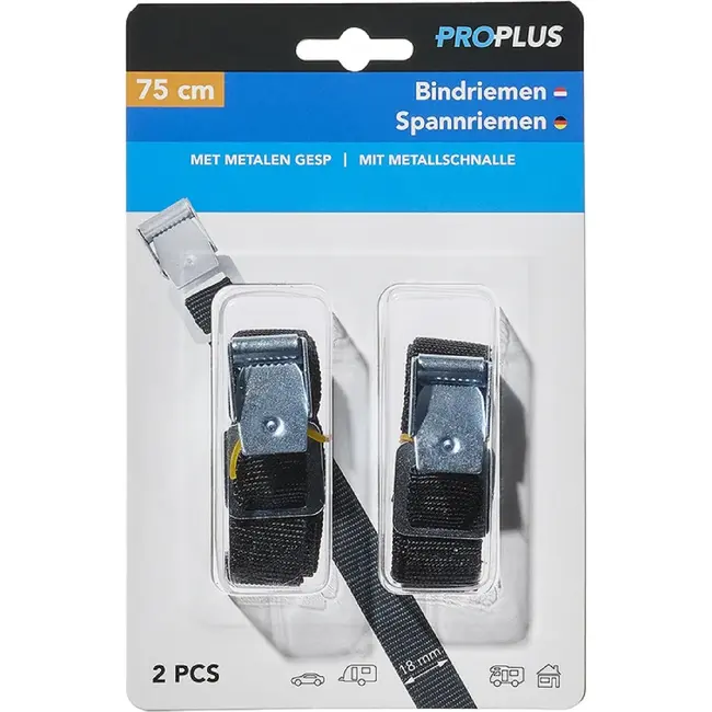 ProPlus Bindriemen met metalen gesp - 18 mm x 75 cm - zwart - set van 2