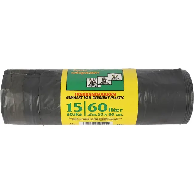 KOMO Vuilniszakken met Trekband 60L - Pak van 15 Stuks