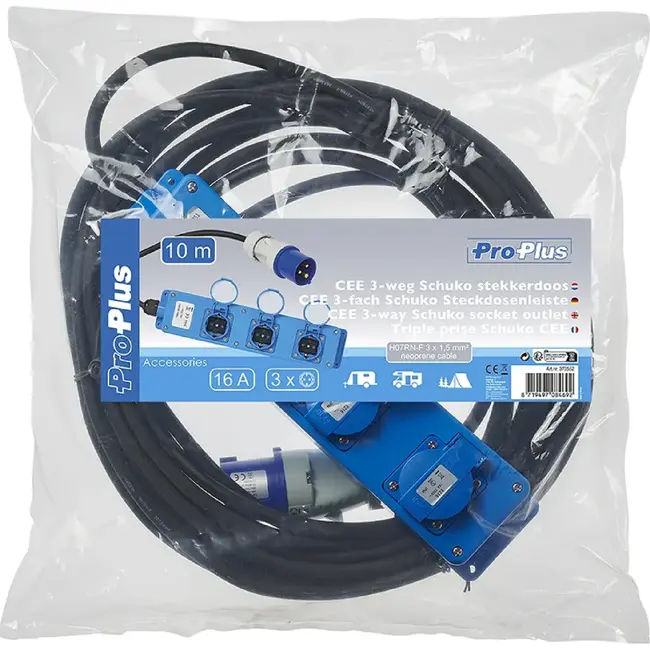 ProPlus Stekkerdoos - 3-weg Schuko - 10 meter - Neopreen kabel - IP44