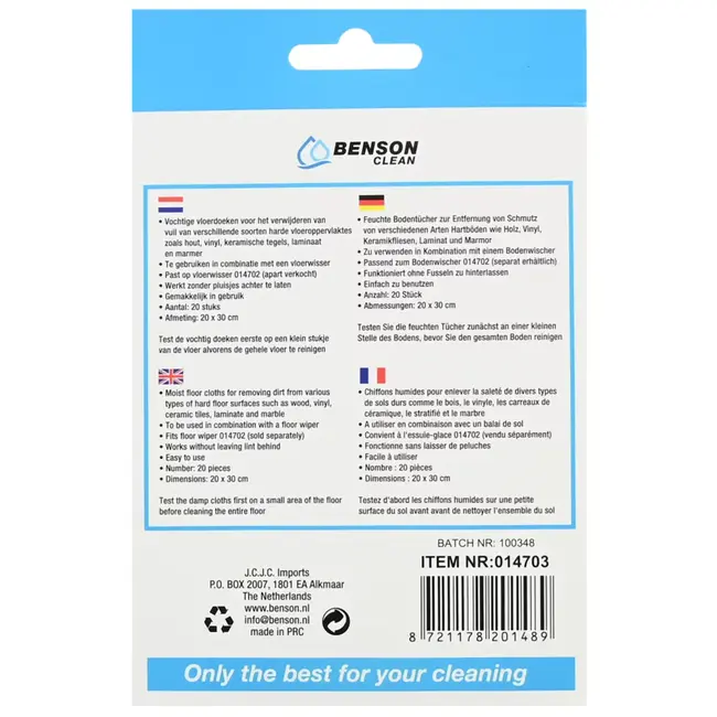 Benson Vloerdoeken vochtig voor vloerwisser 014702 20-delig - 20x 30 cm - 20 stuks