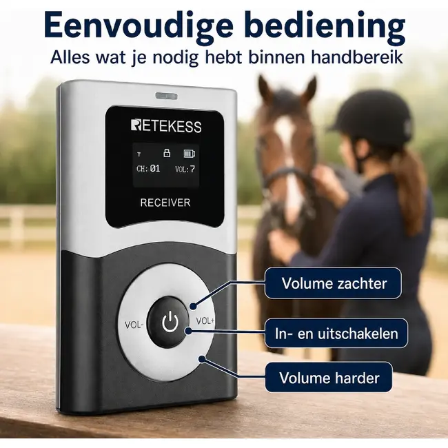Retekess Draadloze ontvanger voor ruiters met D-type oorhaak, 40 uur accuduur en bereik tot 200 meter voor paardrijlessen