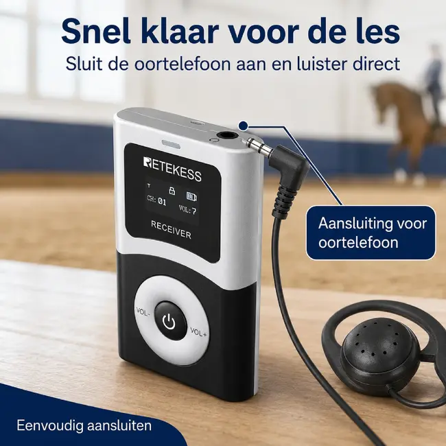 Retekess Draadloze ontvanger voor ruiters met D-type oorhaak, 40 uur accuduur en bereik tot 200 meter voor paardrijlessen