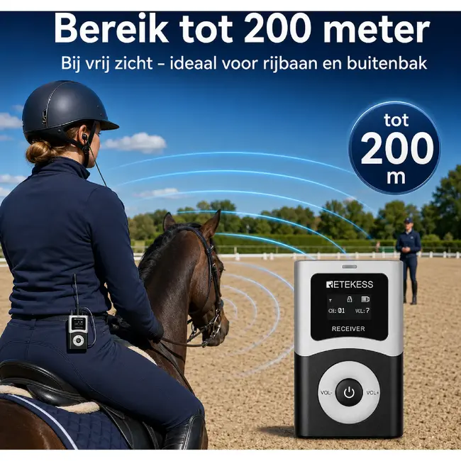 Retekess Draadloze ontvanger voor ruiters met D-type oorhaak, 40 uur accuduur en bereik tot 200 meter voor paardrijlessen