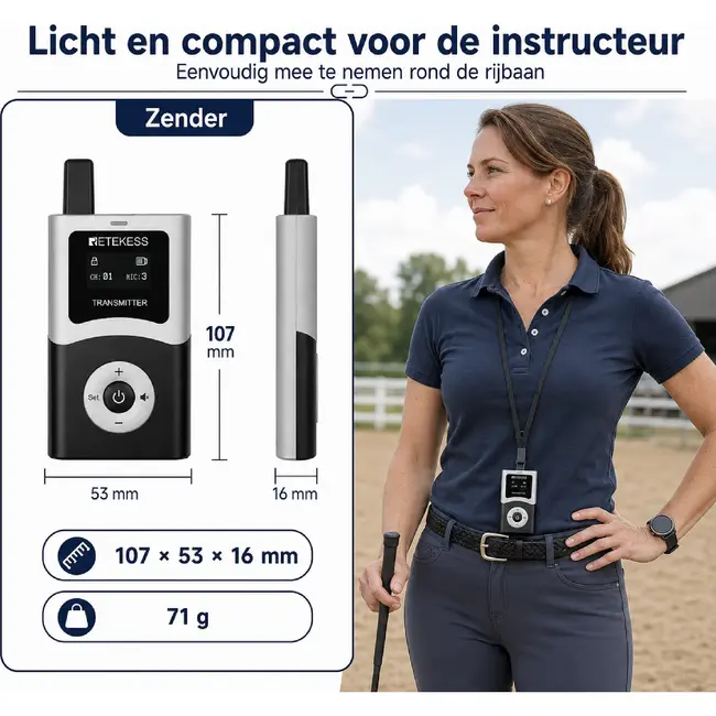 Retekess Draadloze instructiezender voor paardrijinstructeurs met Bluetooth, AUX, digitaal UHF en 200 meter bereik