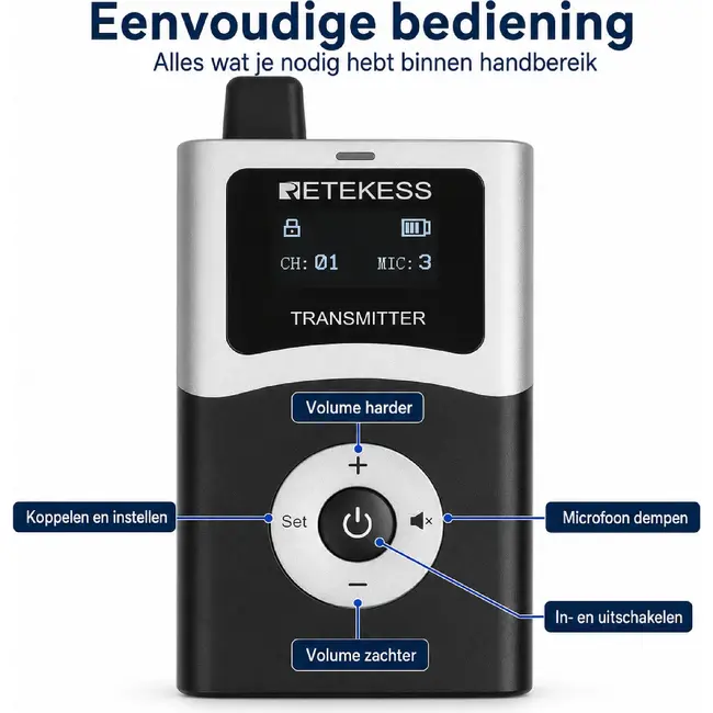 Retekess Draadloze instructiezender voor paardrijinstructeurs met Bluetooth, AUX, digitaal UHF en 200 meter bereik