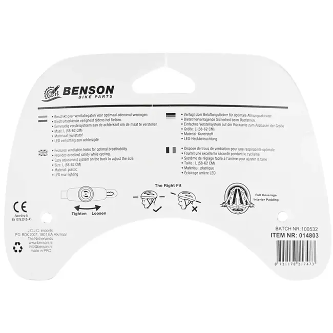Benson Fietshelm volwassenen met verlichting wit L - kunststof - LED - verstelbaar - 62 cm - wit
