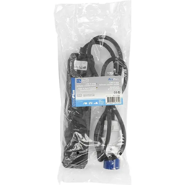ProPlus Stekkerdoos - CEE naar 4 Schuko - 1,5 meter - Zwart - IP44 - 16A