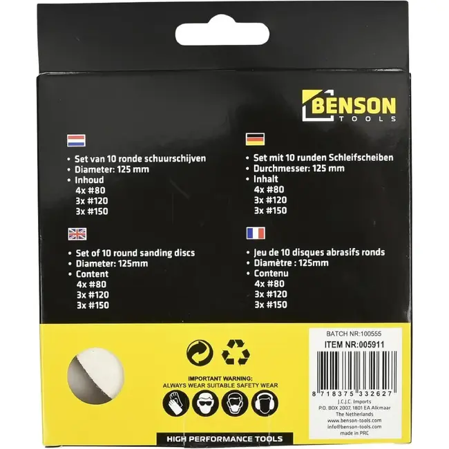 Benson Schuurschijven set - Ø 125 mm - Korrel 80/120/150 - 10-delig