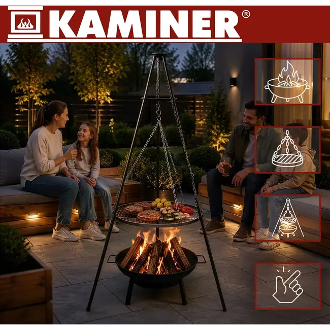 Kaminer Tuinbarbecue op drie poten met hangend rooster van 58 cm en vuurhaard