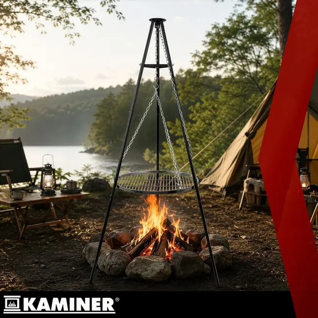 Kaminer Tuinbarbecue op drie poten met hangend rooster van 58 cm en vuurhaard