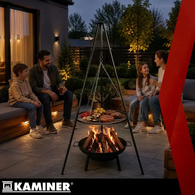 Kaminer Tuinbarbecue op drie poten met hangend rooster van 58 cm en vuurhaard