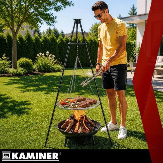 Kaminer Tuinbarbecue op drie poten met hangend rooster van 58 cm en vuurhaard