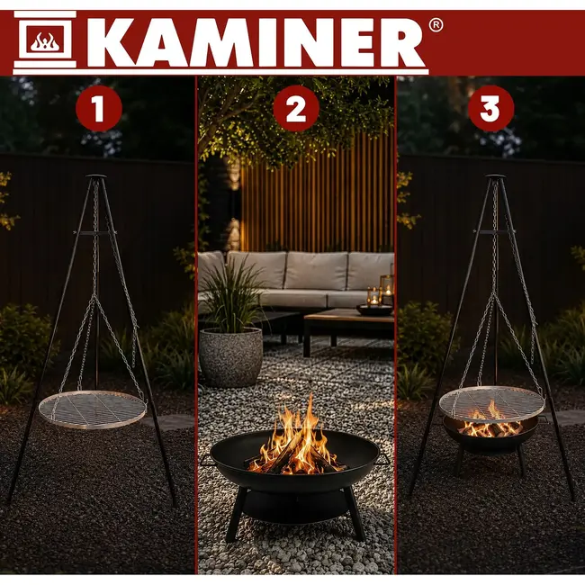 Kaminer Tuinbarbecue op drie poten met hangend rooster van 58 cm en vuurhaard