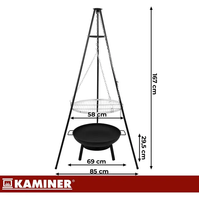 Kaminer Tuinbarbecue op drie poten met hangend rooster van 58 cm en vuurhaard